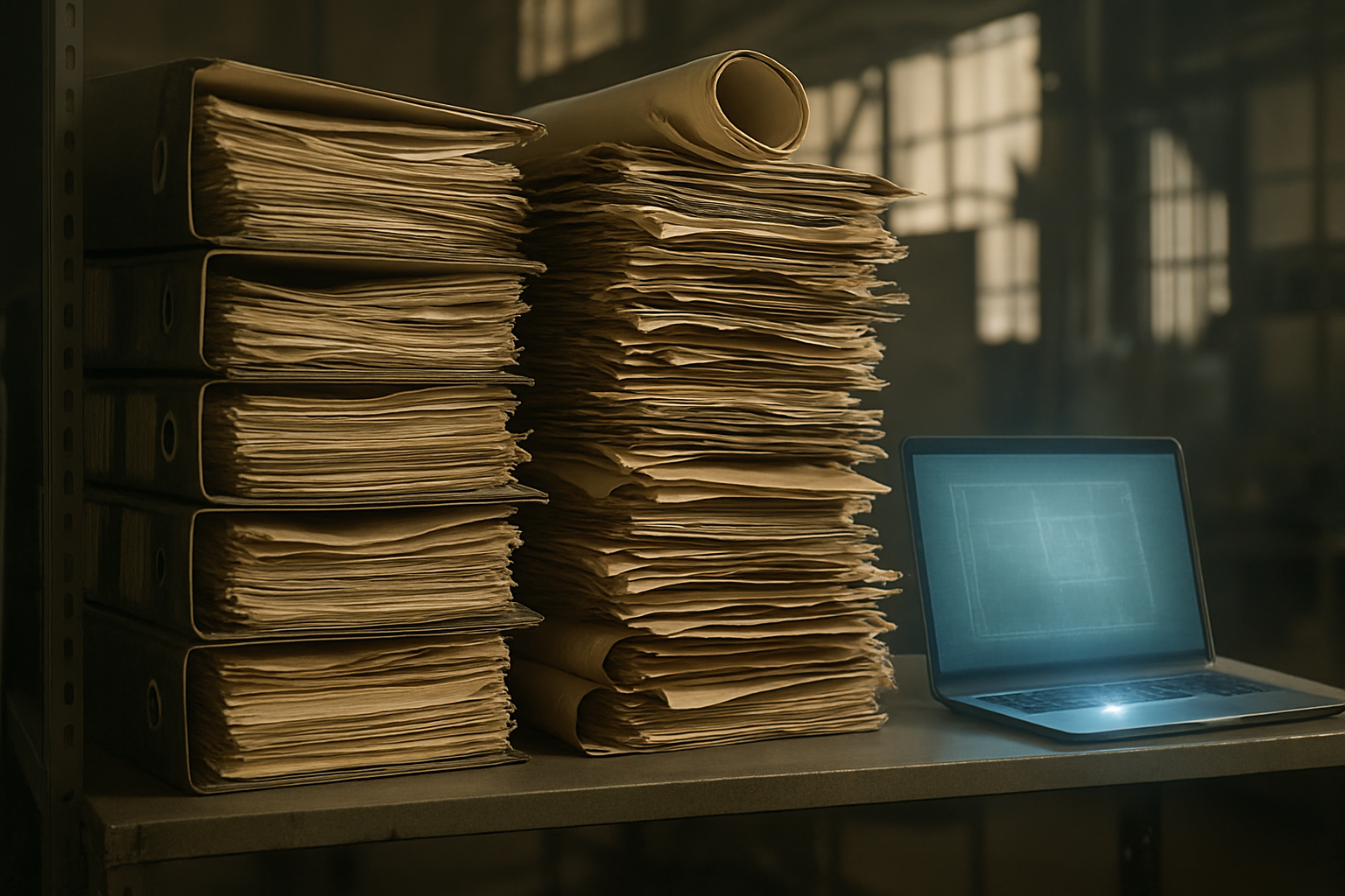 Stacks of aging paper engineering binders and folders beside a laptop scanning documents in an industrial office