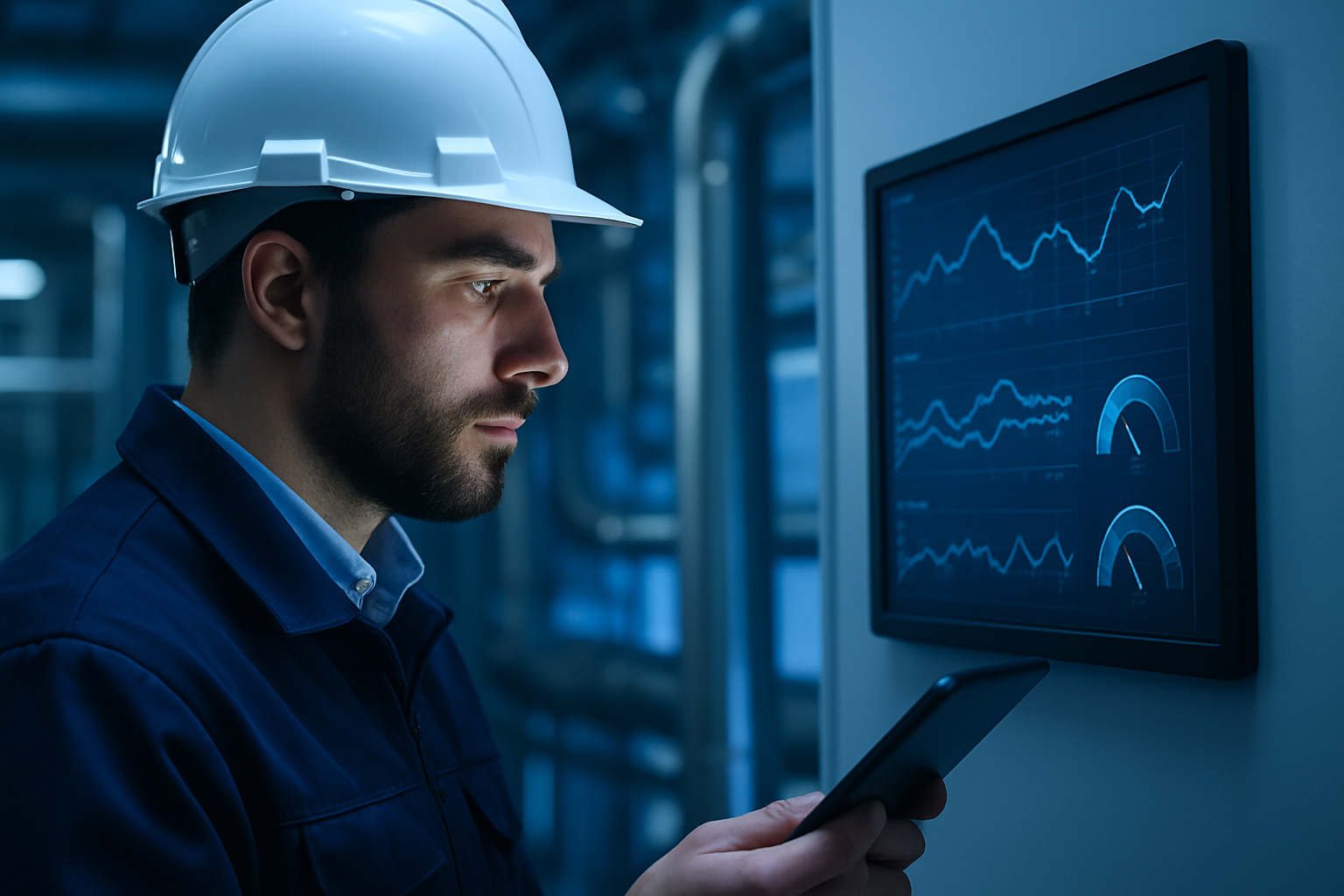 Engineer reviewing energy and emissions data on a plant dashboard