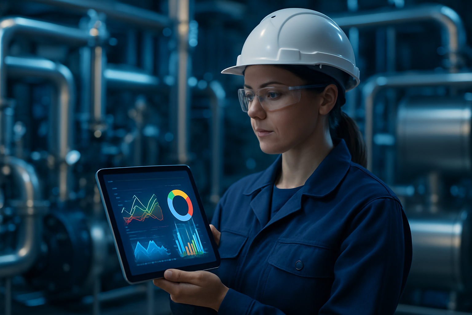Engineer reviewing live energy dashboards next to plant equipment