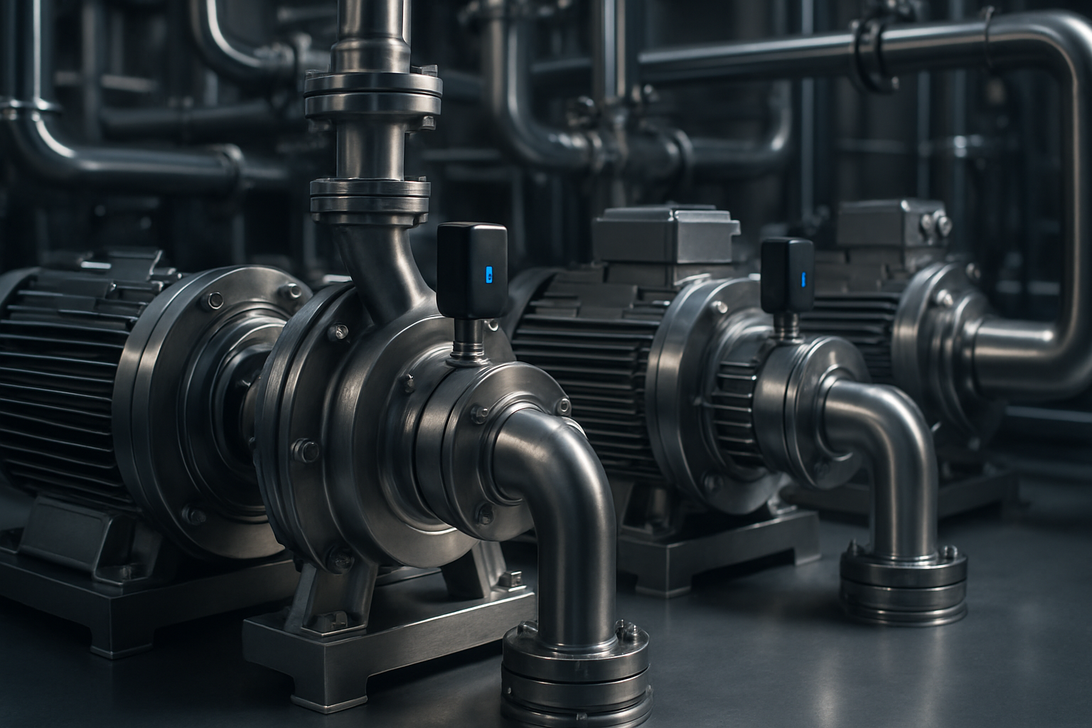Stainless steel pumps and pipework with wireless vibration sensors in a process facility