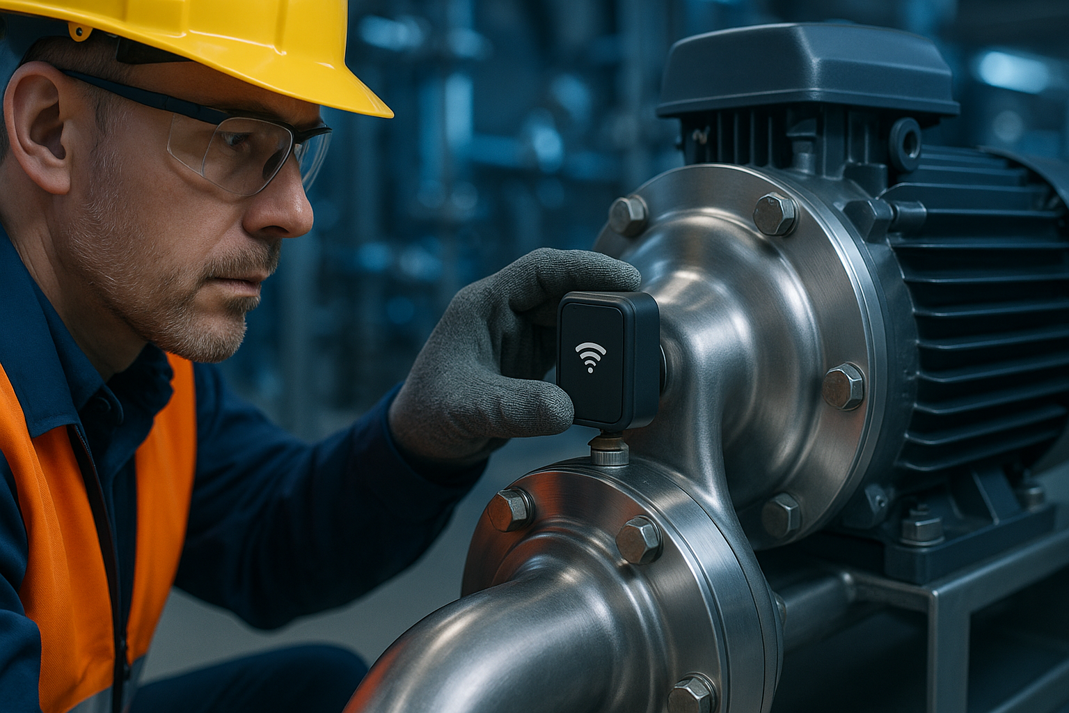 Maintenance engineer inspecting a vibration sensor on an industrial pump